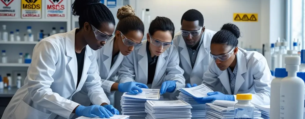 tehlikeli kimyasallar ve yanıcı ,aşındırıcı işaretler bulan msds evrakı bulunan ortamda evrakları düzenleyen bir ekip görseli oluşturur musun